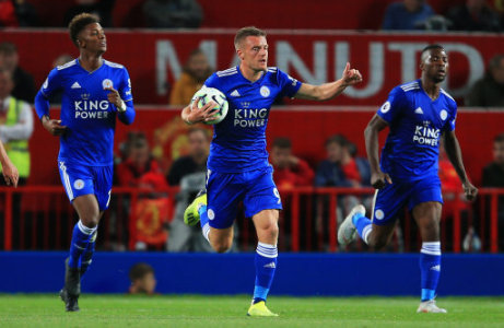 Leicester City's Jamie Vardy celebrates after scoring his sides first goal during the Premier League match at Old Trafford Stadium, Manchester. Picture date 10th August 2018.â¦