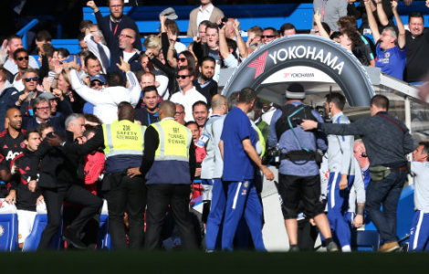 Tempers flare as Manchester United manager Jose Mourinho (left) runs towards a Chelsea's Second Assistant Coach Marco Ianni (not in frame) as he celebrates Chelsea's Ross Barkleyâ¦