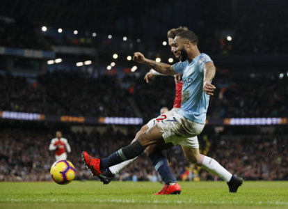 Raheem Sterling of Manchester City crosses the ball during the Premier League match at the Etihad Stadium, Manchester. Picture date: 3rd February 2019. Picture credit should read:â¦