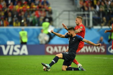 France�s Olivier Giroud during the 2018 FIFA World Cup semi-final match France v Belgium in St Petersburg, Russia, July 10, 2018. France won 1-0. Photo by Christianâ¦