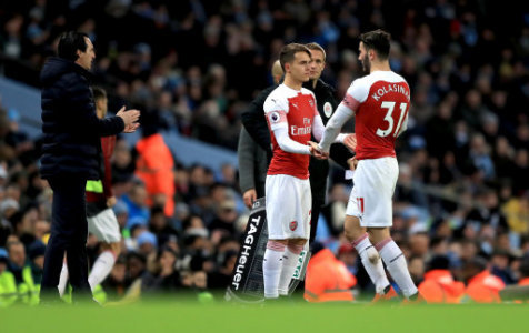 Arsenal's Denis Suarez comes on as a substitute for Sead Kolasinac during the match
