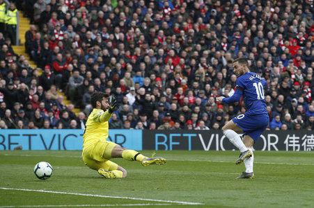 Eden Hazard of Chelsea hits the post beating Alisson Becker of Liverpoolduring the Premier League match at Anfield, Liverpool. Picture date: 14th April 2019. Picture credit shouldâ¦