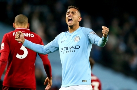 Manchester City's Danilo celebrates after the final whistle during the Premier League match at the Etihad Stadium, Manchester.