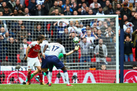 Moussa Sissoko of Tottenham Hotspur sees his shot saved by Bernd Leno of Arsenal during the Premier League match at Wembley Stadium, London. Picture date: 2nd March 2019. Pictureâ¦
