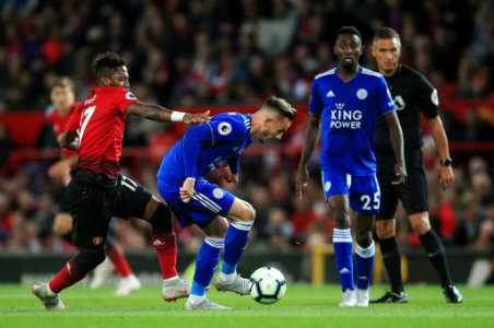 Leicester City's James Maddison takes on Manchester United's Fred during the Premier League match at Old Trafford Stadium, Manchester. Picture date 10th August 2018. Pictureâ¦